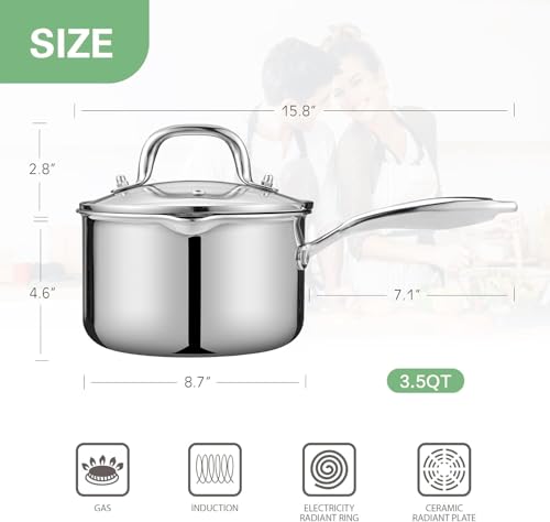 Tri Ply Stainless Steel Sauce Pan with Steamer Basket & Strainer Glass Lid (3.5 Quarts)