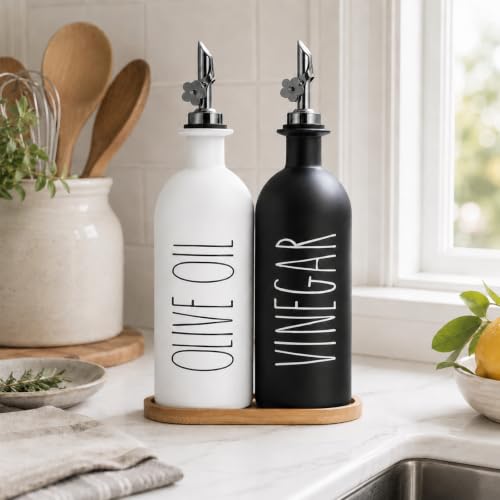 16oz Olive Oil Dispenser Bottles for Kitchen (Black&White+Tray / 16 fl oz)