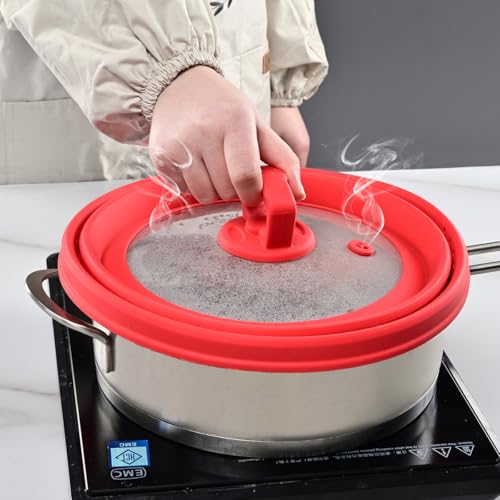 Tall Microwave Splatter Cover Glass Cover Guard Lid 7 inch Height with Collapsible Silicone for Food Pot Plate 12.5 inch Red (12.5 inch / Red (Taller style))