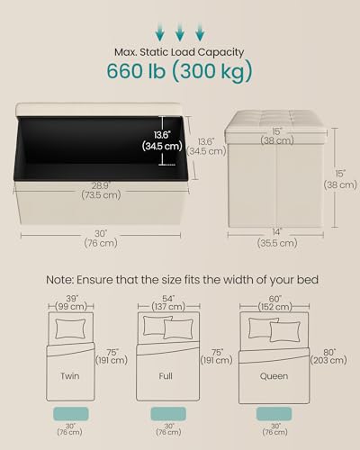 30 Inches Folding Storage Ottoman Bench (Cream White / 15"D x 30"W x 15"H (without Flipping Lid))