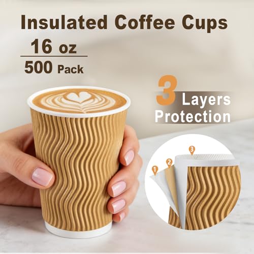 500 Pack 16oz Insulated Disposable Paper Coffee Cups Champagne (Champagne-500 / 16 oz)