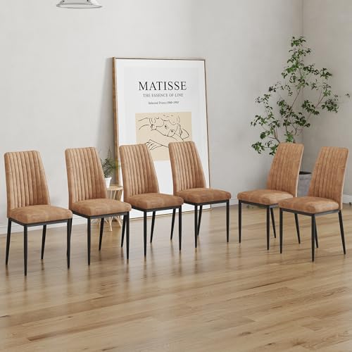 Modern Dining Chairs Set of 6 Kitchen Chairs Set Leathaire Fabric Chair with Metal Leg High Back Upholstered Chair for Dinner Room (B- Brown)