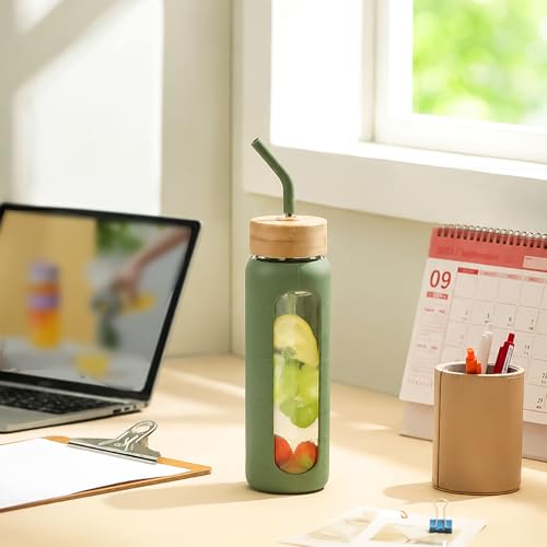 32 oz Glass Water Bottle with Straw and 2 Lids (Olive / 32 Ounces)