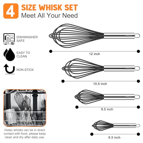 4 Pieces Silicone Whisks Set (Black,Silver)