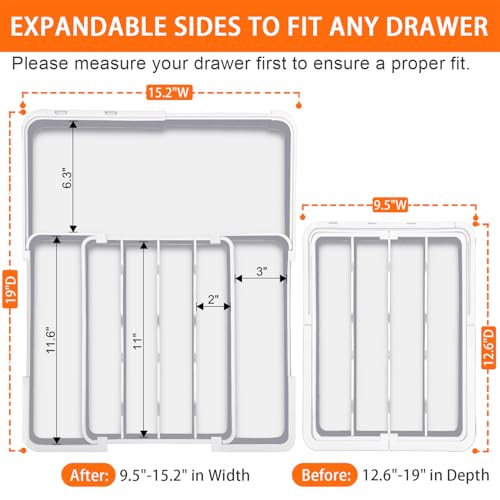 Adjustable Silverware Drawer Organizer (White / M(9.5-15.2"W x 12.6-19"D))