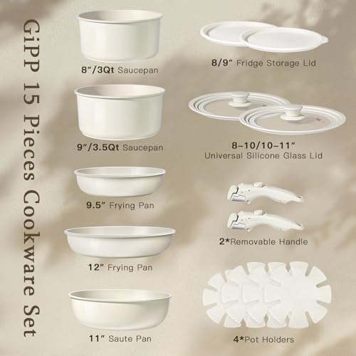 Ceramic Pots and Pans Set Non Stick (White / 15PCS 02)