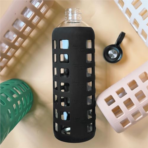 40oz / 32oz / 22oz / 12oz Borosilicate Glass Water Bottle with Time & Volume Markers, Silicone Sleeve, Stainless Steel Lid | Reusable Glass Bottle for Water & Juice (40oz Jet Black) (Jet Black / 40 Ounces)