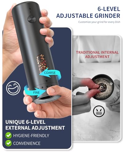 Rechargeable Electric Salt and Pepper Grinder Set with Charging Base (Midnight Black)
