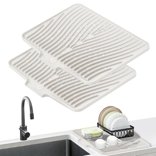 Silicone Dish Drying Mat for Kitchen Counter (Beige-2pcs / 20" x 15")