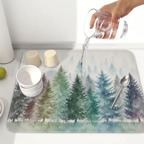 Pine Tree Dish Drying Mat Natural Forest Fog Microfiber Dishes Pad 16x18 Inch Absorbent Fast Dry Dish Drainer Rack Mats for Kitchen Counter (Pine / 16x18 inch)