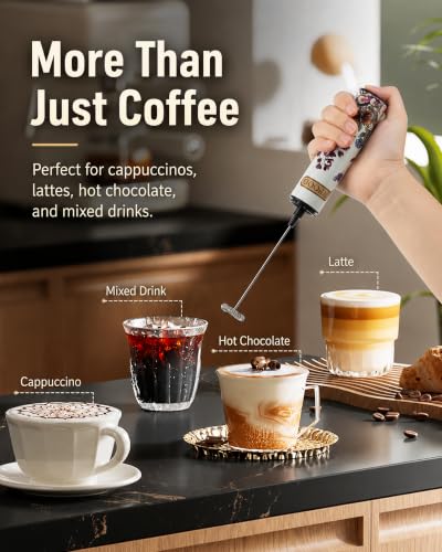 Rechargeable Milk Frother with Cover (White Floral Design)
