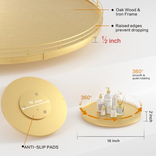 18 Inch Oak Lazy Susan Organizer with Gold Metal Rail (Golden / 18)
