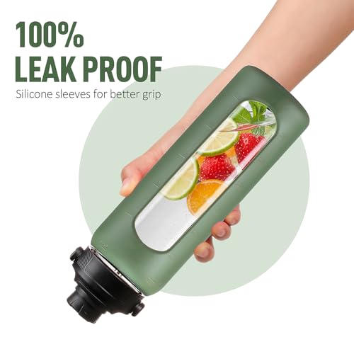 24oz Glass Water Bottle with Straw and 2 Lids (Olive / 24 Ounces)