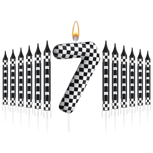 13 Pcs Racing Cars Themed Birthday Candles Black and White Race Number 7 Checkered Candle Cake Topper for Racing Car Party Decoration Supplies (13 Count)