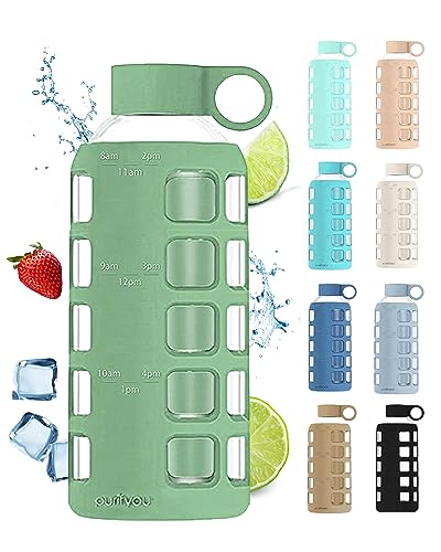 40oz / 32oz / 22oz / 12oz Borosilicate Glass Water Bottle with Time & Volume Markers, Silicone Sleeve, Stainless Steel Lid | Reusable Glass Bottle for Water & Juice (22oz Shale Green) (Shale Green (1 Count) / 22 Ounces)