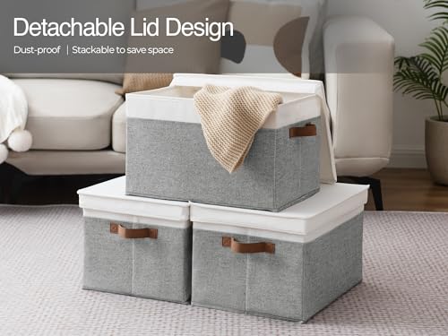 Fabric Storage Bins with Lids (Gray and White / Jumbo)