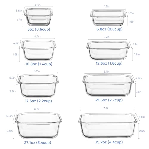 8 Pack Glass Food Storage Containers with Airtight Lids (Blue)