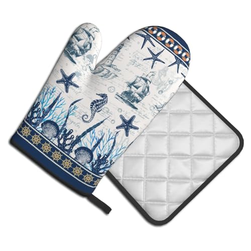 Nautical Sailboat Oven Mitts and Pot Holder Set of 2 Ocean Starfish Heat Resistant Oven Glove Washable Potholder for Kitchen Cooking Baking (Nautical Sailboat)