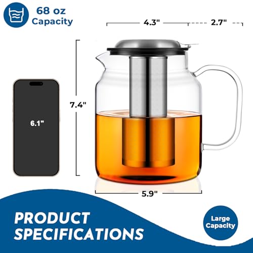 68oz Glass Teapot with Infuser (68 fluid ounces without thermometer)