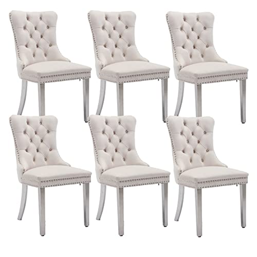 Beige Velvet Dining Chairs Set of 6 (Natural Beige)