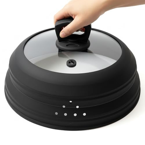 Microwave Splatter Cover Glass 10.5 Inch Microwave Cover for Food with Handle Collapsible Silicone Microwave Cover with Steam Vent for Pot Plate Bowl (10.5 inch / Black)
