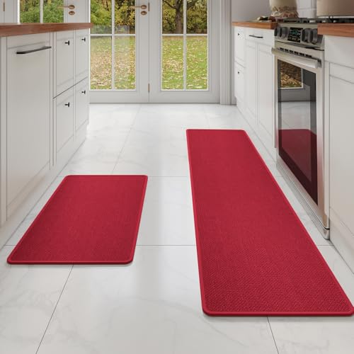 Kitchen Mat Kitchen Rugs Sets of 2 PCS Non Slip Red 17"x30"+17"x59" (A- Red / 17"x59"+17"x30")