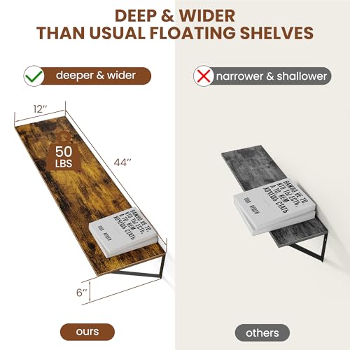 44W x 12D Deep Floating Shelves Set of 2 Rustic Brown (Rustic Brown With Black Metal Bracket / 44Wx12Dx5.8H)