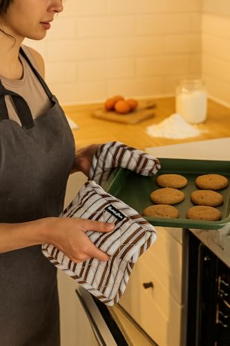 Double Stripe Pot Holders Heat Resistant Cotton Set of 3 Nonslip 8"x8" Inch Hot Pads for Kitchen (8x8 inches / Double Stripe Brown)