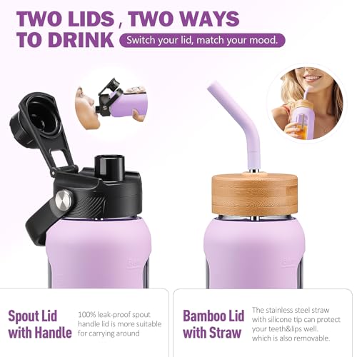 24 oz Glass Water Bottle with Straw and 2 Lids (Light Purple / 24 Ounces)