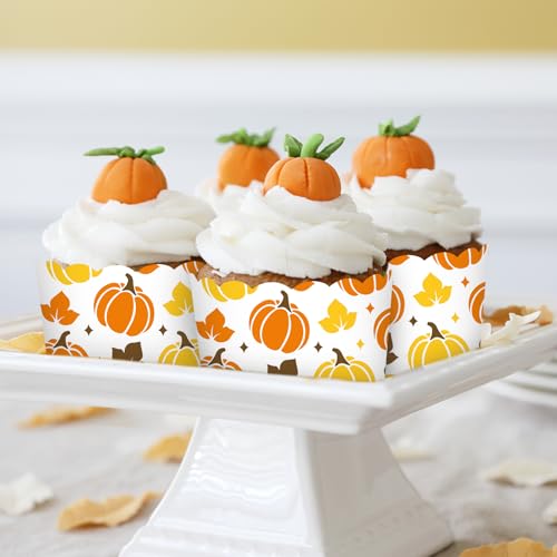 100Pcs Fall Paper Baking Cups Pumpkin Maple Leaf Cupcake Wrappers Orange Yellow Brown Scalloped Edge Cupcake Muffin Cases for Autumn Thanksgiving Dessert Decoration (Fall Pumpkin)