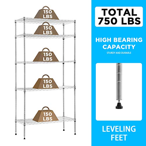 5 Tier Wire Shelf with Wheels (Chrome / 30×14×60)