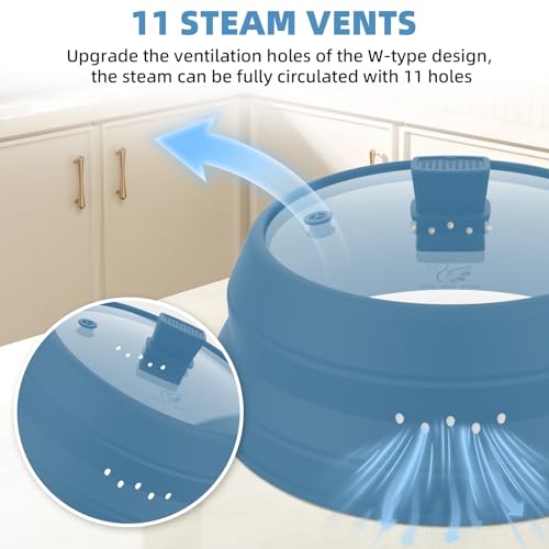 Tall Microwave Splatter Cover Glass Cover Guard Lid 6 inch Height with Collapsible Silicone for Food Pot Plate 12.5 inch Blue (Blue / Taller style 12.5 inch)
