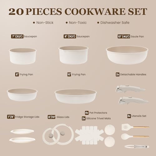 Nonstick Pots and Pans Set (Beige Taupe / 20 Pack)