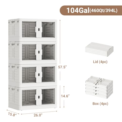 460Qt Stackable Storage Bins with Individual Lids & Wheels (White / 115Qt-4Pack)