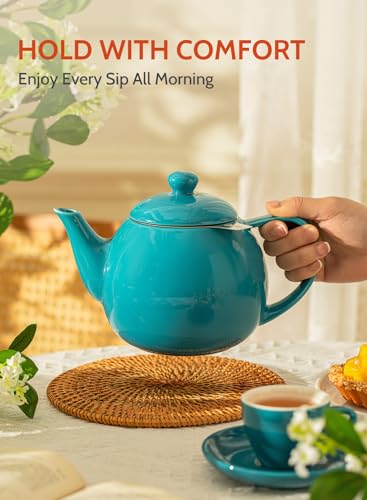 Teapot Porcelain Tea Pot with Stainless Steel Infuser (Steel blue / 27oz (with infuser))