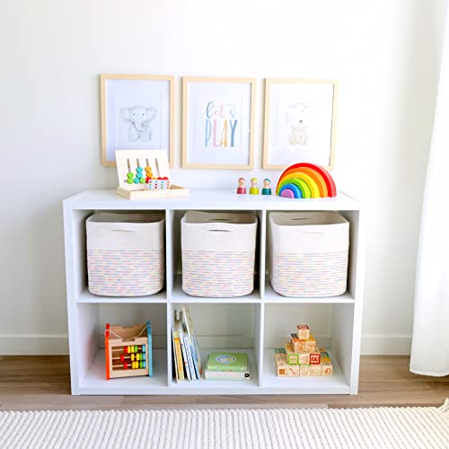 Storage Cubes 11 Inch Cotton Rope Woven Baskets for Organizing (Off White & Rainbow Stitching)