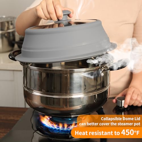 Collapsible Microwave Splatter Lid with Vented Tempered Glass Cover Wok Lid for Microwave Safe (10.5-11 inch / Grey)
