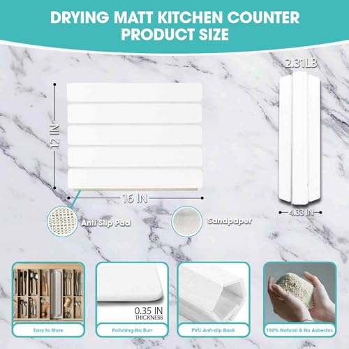Dish Drying Mat Stone Bath Mat Diatomaceous Earth Stone Drying Mat For Kitchen Counter Sink Bath Mat Quick Dry Non Slip Foldable Dish Drying Rack Mat Small (16" x 12")