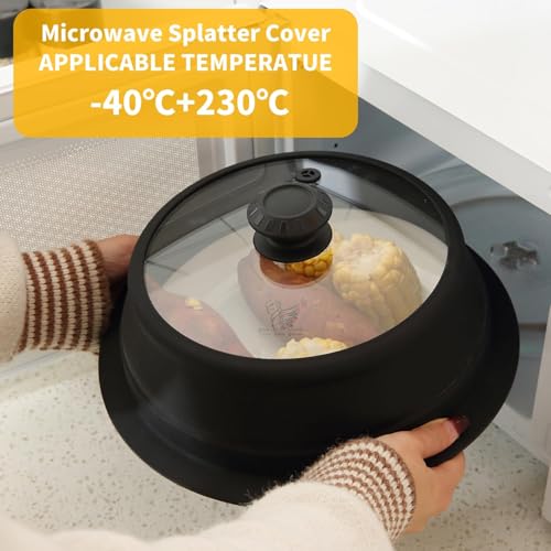 Collapsible Microwave Splatter Lid with Vented Tempered Glass Cover Wok Lid for Microwave Safe (11-12.5 inch / Black)