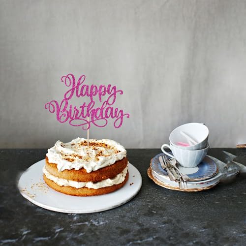 1 PCS Happy Birthday Cake Topper Glitter Happy Birthday Cake Pick for Celebrating Happy Anniversary Party Cake Decorations Supplies Rose Red (Design 2 Rose Red)