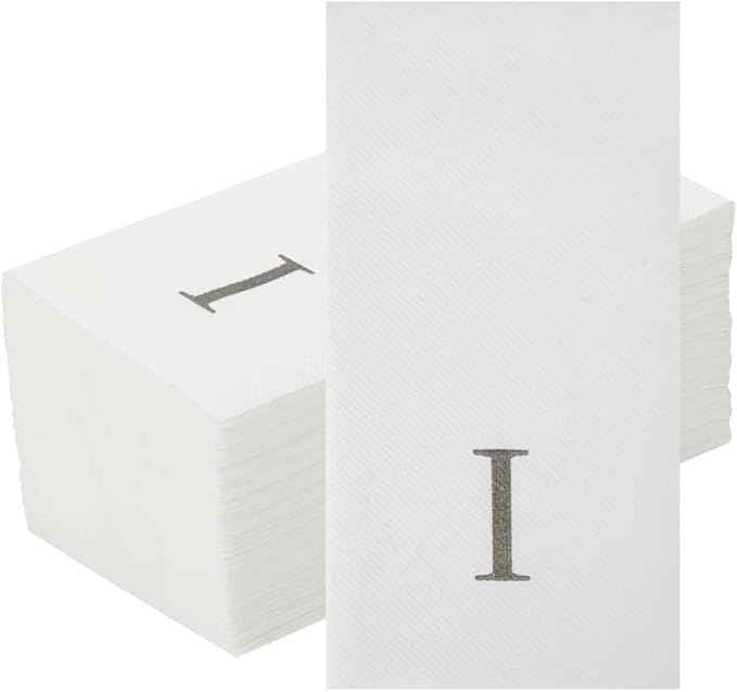 Luxenap 15.8 X 7.9 Inch Linen-Feel Guest Towels, 50 Lettered Hand Towels - Silver Letter 'I', Sans Serif Font, White Paper Dinner Napkins, airlaid, For Restrooms And Tables - Restaurantware