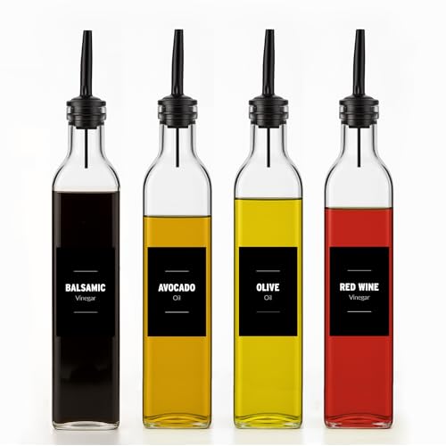 Olive Oil & Vinegar Dispenser Bottle Set with Stainless Steel Pourer (4 Count)