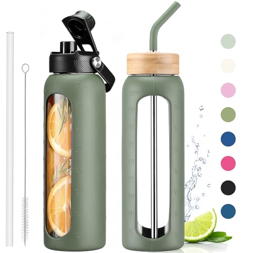 32 oz Glass Water Bottle with Straw and 2 Lids (Olive / 32 Ounces)