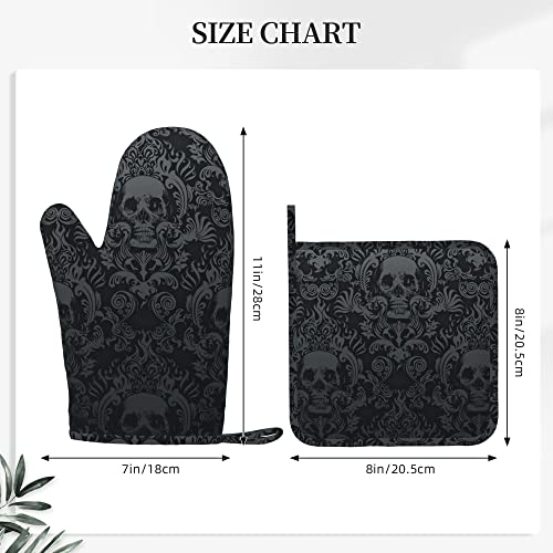 Gothic Skull Oven Mitts and Pot Holders Sets of 4 (One Size / Silicone Skull)