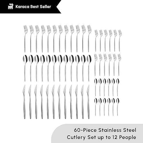 Lizbon - 18/10 Stainless Steel Silverware Set for 12, 60 Piece Heavy Duty Flatware Set, Dishwasher Safe Modern Cutlery incl. Kitchen Forks, Spoons, Knives Eating Utensils Sets - Platin (Lizbon 60-Piece / 60-Piece)