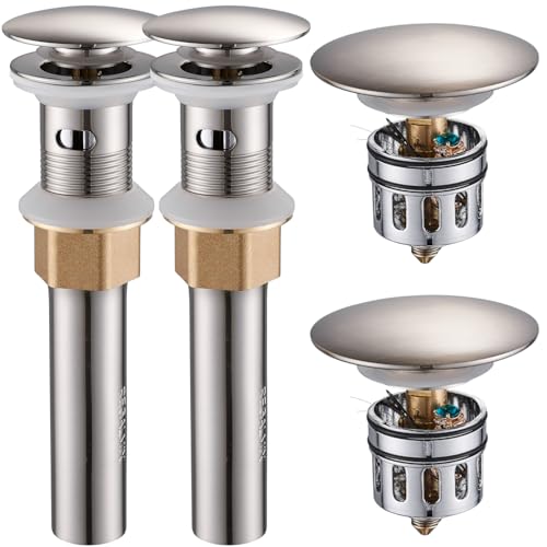Bathroom Sink Drain with Overflow (With Overflow / Brushed Nickel-2 Pack)