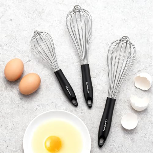 Whisk Set 8" 10" 12" Kitchen Whisk (Black-Silver / 3 Piece)