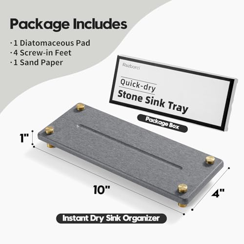 Kitchen Sink Caddy Water Absorbing Stone Drying Tray (10"x 4" - Dark Gray - Gold)