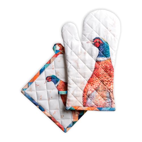 100% Cotton Oven Mitt & Pot Holder Set (084 - Faisan D'automne / 7.5" x 13" & 8" x 8" (Oven Mitt & Pot Holder))