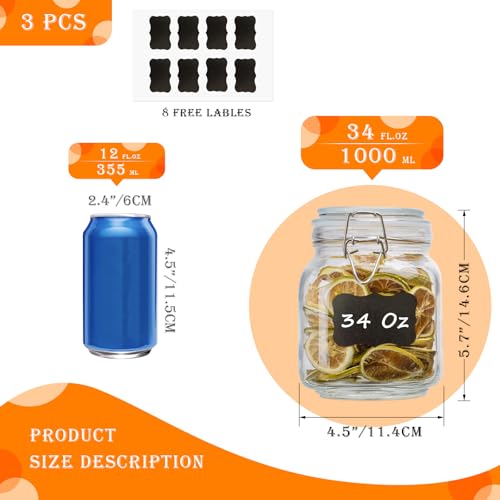 34oz Square Glass Food Storage Jars with Airtight Clamp Lids 3 Pack (Clear 34oz Square - 3 sets)